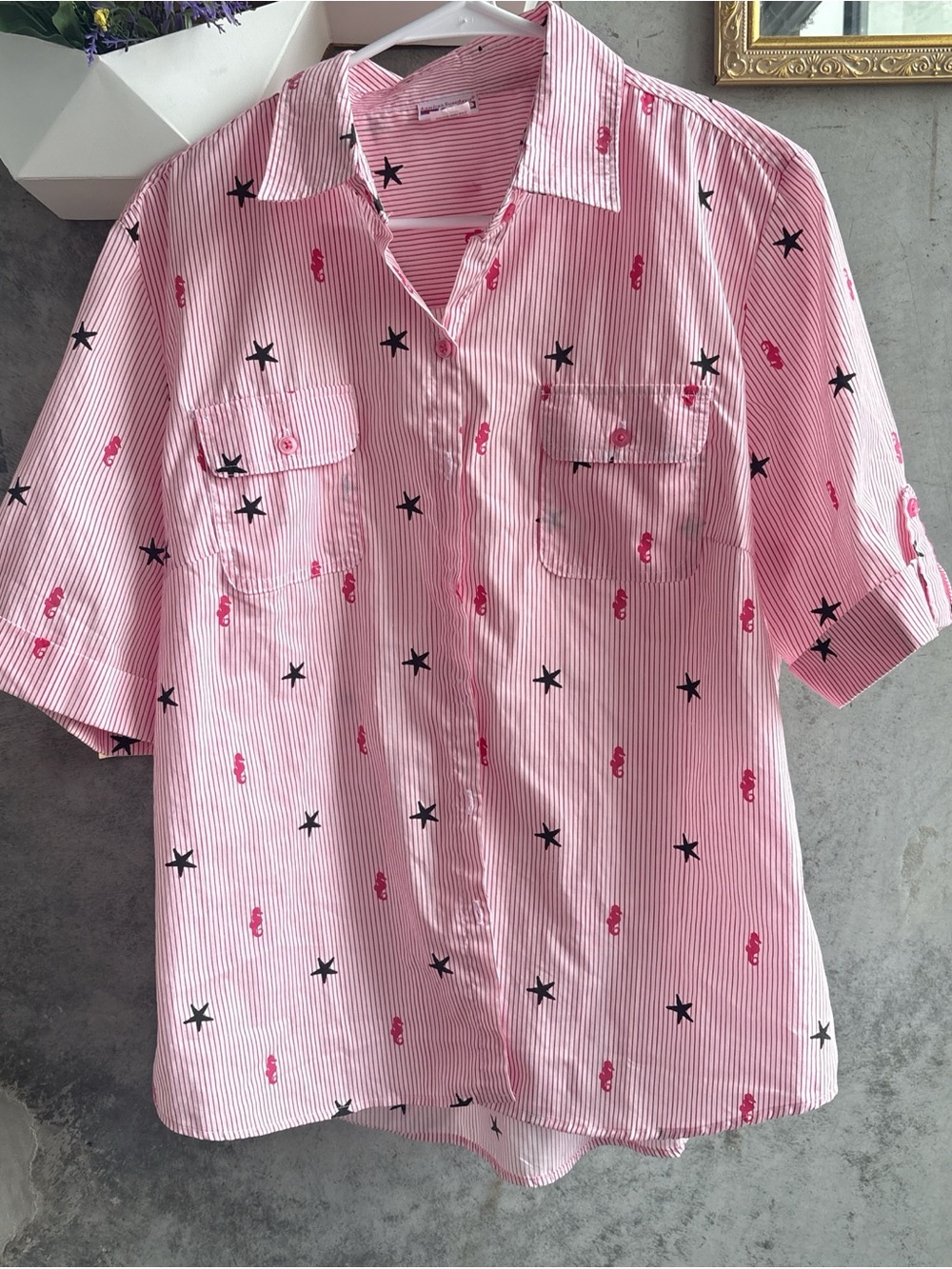Vintage 90s Pink Striped Star and seahorse button up
